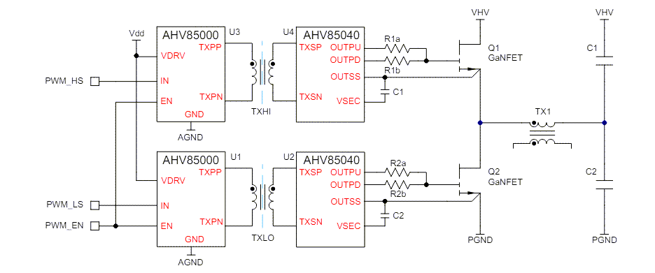 Schéma du circuit d'application - Allegro MicroSystems chipsets AHV85000 pilotes isolés et AHV85040